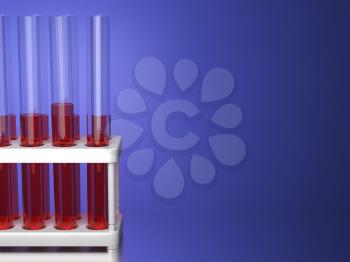 Test Tubes with Red Liquid in a Stand on Blue Background. 3D Render.