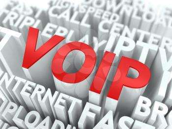 VOIP - Wordcloud Internet Concept. The Word in Red Color, Surrounded by a Cloud of Words Gray.