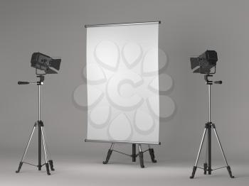 Flipchart on Tripod and Studio Lighting on Grey Background.