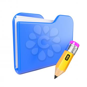 Blue Folder with Yellow Pencil. Isolated on White.