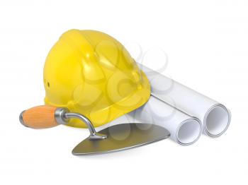 Hard Helmet, Trowel and Drawings. Isolated on White Background.