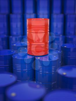 Oil and Petroleum. Red Oil Drum Standing on the Background of Blue Barrels.