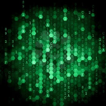 Digital Background. Pixelated Series Of Numbers Of Green Color Falling Down.