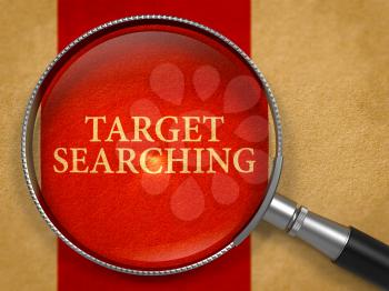 Target Searching through Lens on Old Paper with Crimson Vertical Line Background. 3d Render.