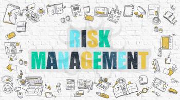 Multicolor Concept - Risk Management - on White Brick Wall with Doodle Icons Around. Modern Illustration with Doodle Design Style.