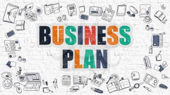 Business Plan - Multicolor Concept with Doodle Icons Around on White Brick Wall Background. Modern Illustration with Elements of Doodle Design Style.