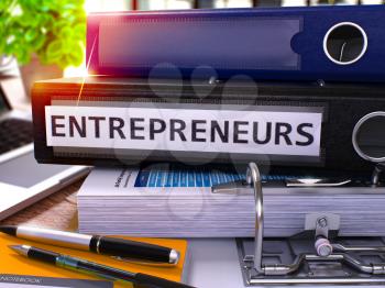 Black Office Folder with Inscription Entrepreneurs on Office Desktop with Office Supplies and Modern Laptop. Entrepreneurs Business Concept on Blurred Background. Entrepreneurs - Toned Image. 3D.