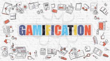 Multicolor Concept - Gamification - on White Brick Wall with Doodle Icons Around. Modern Illustration with Doodle Design Style.