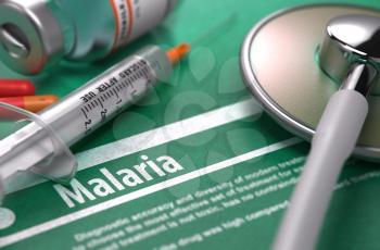 Diagnosis - Malaria. Medical Concept on Green Background with Blurred Text and Composition of Pills, Syringe and Stethoscope. Selective Focus. 3D Render.