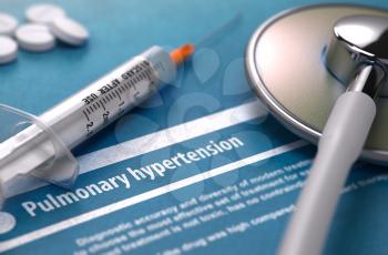 Diagnosis - Pulmonary hypertension. Medical Concept with Blurred Text, Stethoscope, Pills and Syringe on Blue Background. Selective Focus. 3D Render.