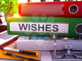 Wishes - Green Ring Binder on Office Desktop with Office Supplies and Modern Laptop. Wishes Business Concept on Blurred Background. Wishes - Toned Illustration. 3D Render.