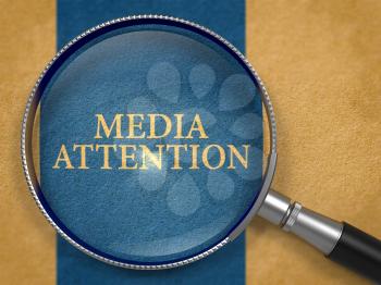 Media Attention through Lens on Old Paper with Dark Blue Vertical Line Background. 3D Render.