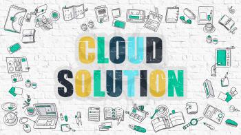 Cloud Solution Concept. Modern Line Style Illustration. Multicolor Cloud Solution Drawn on White Brick Wall. Doodle Icons. Doodle Design Style of Cloud Solution Concept.