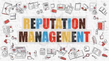 Reputation Management Concept. Reputation Management Drawn on White Wall. Reputation Management in Multicolor. Doodle Design. Modern Style Illustration. Line Style Illustration. White Brick Wall.