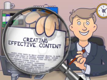 Creating Effective Content through Magnifying Glass. Man Holding a Paper with Inscription. Closeup View. Multicolor Modern Line Illustration in Doodle Style.