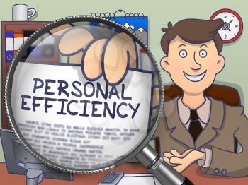 Personal Efficiency. Businessman Holding a Paper with Inscription through Magnifier. Multicolor Doodle Illustration.