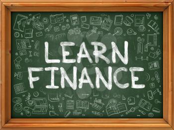Learn Finance Concept. Modern Line Style Illustration. Learn Finance Handwritten on Green Chalkboard with Doodle Icons Around. Doodle Design Style of Learn Finance Concept.