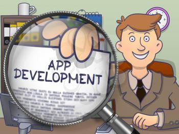App Development on Paper in Man's Hand to Illustrate a Business Concept. Closeup View through Magnifier. Multicolor Modern Line Illustration in Doodle Style.