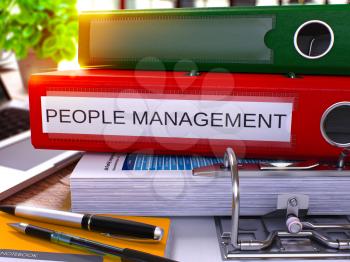 People Management - Red Office Folder on Background of Working Table with Stationery and Laptop. People Management Business Concept on Blurred Background. People Management Toned Image. 3D.