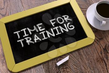 Handwritten Time for Training on a Yellow Chalkboard. Top View Composition with Chalkboard and White Cup of Coffee. 3D Render.