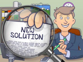 New Solution. Smiling Businessman in Office Workplace Showing Text on Paper through Magnifier. Colored Doodle Illustration.