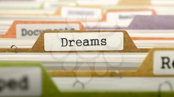 Dreams Concept on Folder Register in Multicolor Card Index. Closeup View. Selective Focus. 3D Render.