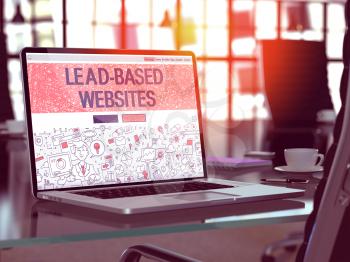 Lead-Based Websites Concept. Closeup Landing Page on Laptop Screen in Doodle Design Style. On Background of Comfortable Working Place in Modern Office. Blurred, Toned Image. 3D Render.