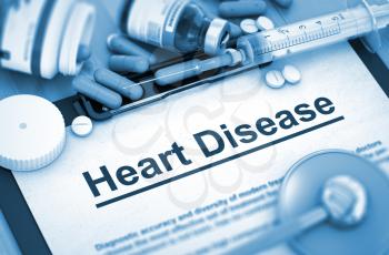 Heart Disease, Medical Concept. Composition of Medicaments. Heart Disease, Medical Concept with Pills, Injections and Syringe. Toned Image. 3D Render.