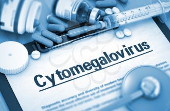 Cytomegalovirus - Medical Report with Composition of Medicaments - Pills, Injections and Syringe. 3D Render. Toned Image.