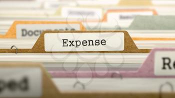 Expense Concept on File Label in Multicolor Card Index. Closeup View. Selective Focus. 3D Render. 