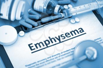 Emphysema - Printed Diagnosis with Blurred Text. Diagnosis - Emphysema On Background of Medicaments Composition - Pills, Injections and Syringe. 3D Render.