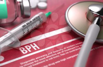 BPH - Printed Diagnosis with Blurred Text on Red Background and Medical Composition - Stethoscope, Pills and Syringe. Medical Concept. 3D Render.