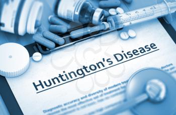 Huntington's Disease - Medical Report with Composition of Medicaments - Pills, Injections and Syringe. 3D Render.