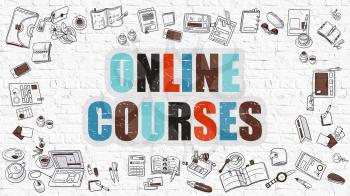 Online Courses Concept. Modern Line Style Illustration. Multicolor Online Courses Drawn on White Brick Wall. Doodle Icons. Doodle Design Style of Online Courses Concept.