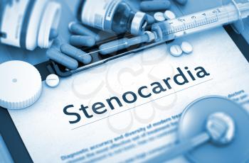 Stenocardia Diagnosis, Medical Concept. Composition of Medicaments. Stenocardia - Printed Diagnosis with Blurred Text. Toned Image. 3D Render.