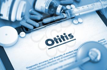 Diagnosis - Otitis on Background of Medicaments Composition - Pills, Injections and Syringe. Otitis Diagnosis, Medical Concept. Composition of Medicaments. Toned Image. 3D Render.