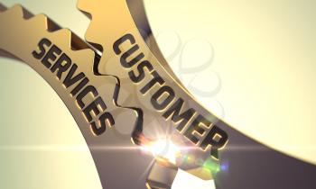 Golden Gears with Customer Services Concept. Customer Services - Industrial Design. Customer Services on the Mechanism of Golden Gears with Lens Flare. 3D.