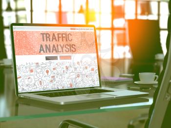 Traffic Analysis Concept - Closeup on Landing Page of Laptop Screen in Modern Office Workplace. Toned Image with Selective Focus. 3D Render.
