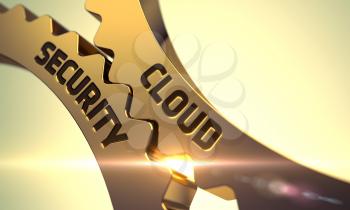 Cloud Security on Mechanism of Golden Metallic Cogwheels with Glow Effect. Cloud Security - Concept. Cloud Security - Illustration with Glowing Light Effect. 3D.