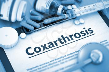 Coxarthrosis, Medical Concept with Pills, Injections and Syringe. Coxarthrosis Diagnosis - Composition of Medicaments. Toned Image. 3D.