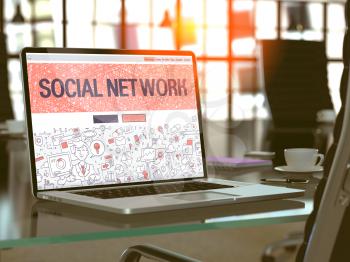 Social Network Concept - Closeup on Landing Page of Laptop Screen in Modern Office Workplace. Toned Image with Selective Focus. 3D Render.