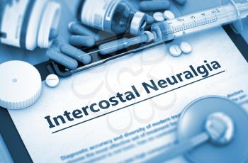 Intercostal Neuralgia, Medical Concept with Pills, Injections and Syringe. Intercostal Neuralgia Diagnosis, Medical Concept. Composition of Medicaments. Toned Image. 3D Render.