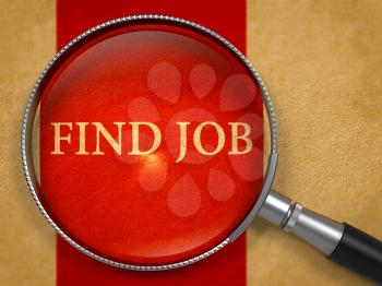 Find Job Concept through Magnifier on Old Paper with Crimson Vertical Line Background. 3D Render.