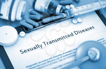 Diagnosis - Sexually Transmitted Diseases On Background of Medicaments Composition - Pills, Injections and Syringe. 3D.