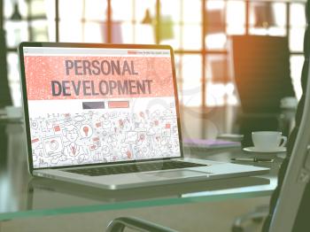 Modern Workplace with Laptop Showing Landing Page in Doodle Design Style with Text Personal Development. Toned Image with Selective Focus. 3D Render.