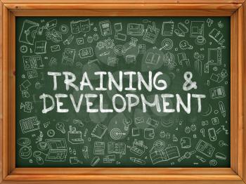 Training and Development - Hand Drawn on Chalkboard. Training and Development with Doodle Icons Around.