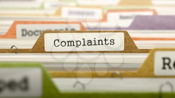 Complaints Concept on File Label in Multicolor Card Index. Closeup View. Selective Focus. 3D Render. 