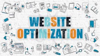 Website Optimization Concept. Website Optimization Drawn on White Wall. Website Optimization in Multicolor. Doodle Design. Modern Style Illustration. Line Style Illustration. White Brick Wall.