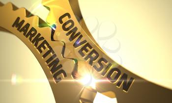 Conversion Marketing - Illustration with Lens Flare. Conversion Marketing - Technical Design. Conversion Marketing on Mechanism of Golden Metallic Gears. 3D.