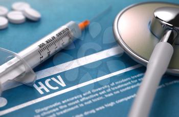 Diagnosis - HCV - Hepatitis C Virus. Medical Concept on Blue Background with Blurred Text and Composition of Pills, Syringe and Stethoscope. Selective Focus. 3D Render.